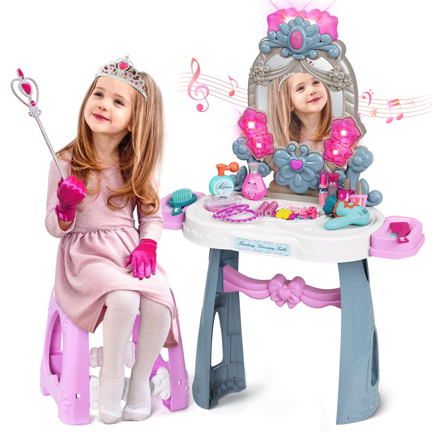 VViN Kids Vanity Set – Light & Music Princess Table with Stool & Accessories for Ages 3–5
