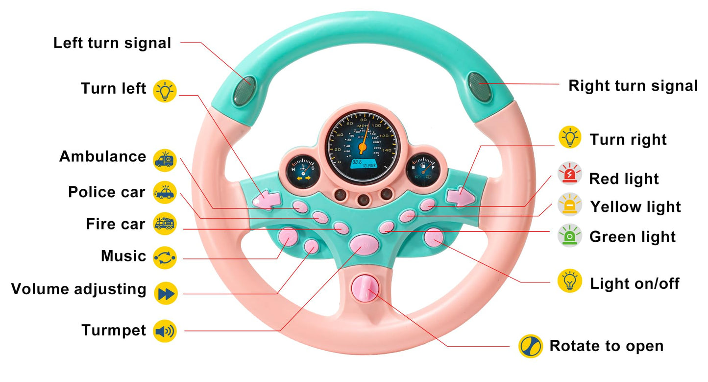 VVistch Kids Steering Wheel Toy with Light and Music (Pink) – Backseat Driving Toy