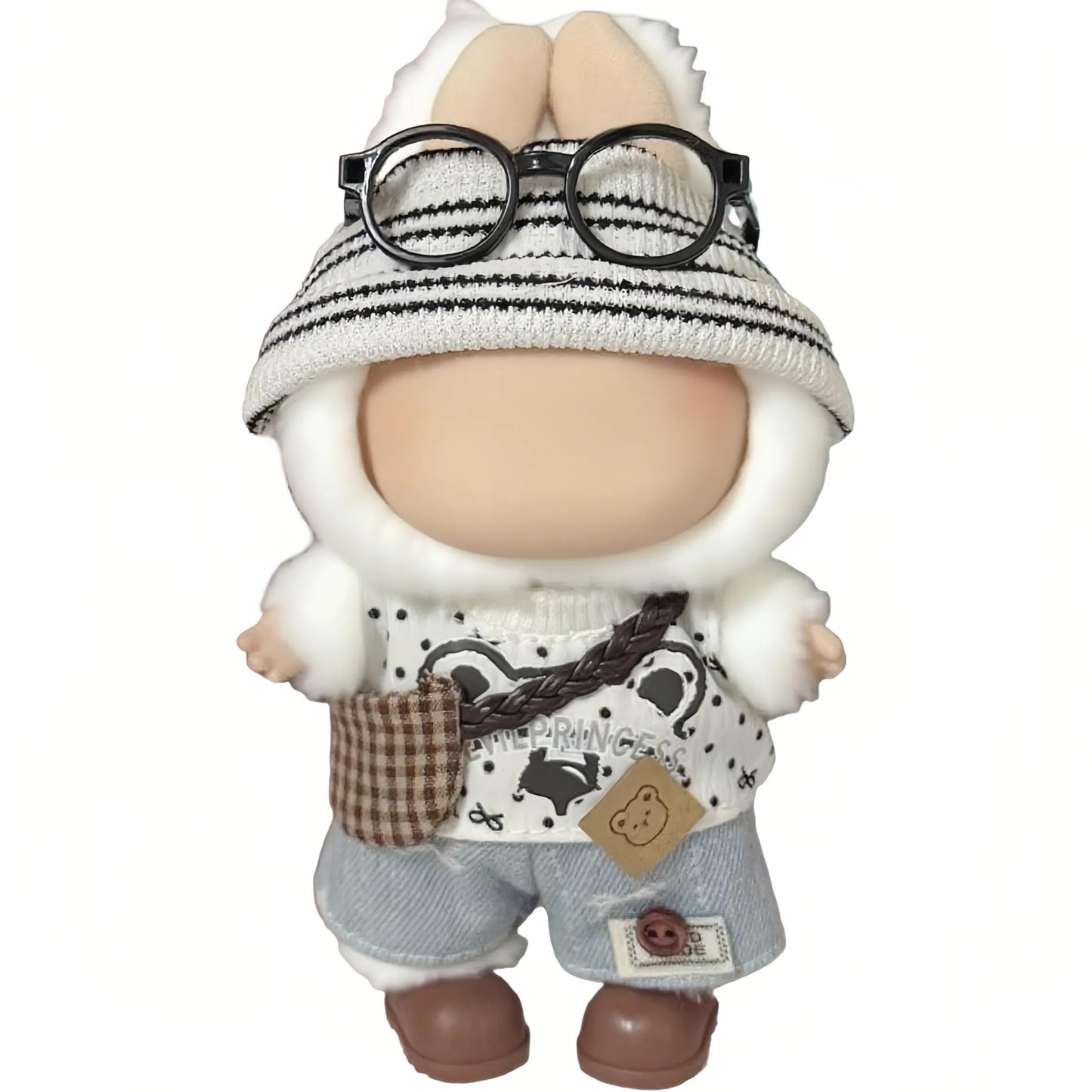 VVQUI 17cm Doll Clothes – 6-Piece Set for 17cm Dolls (Hat, Overalls, Shirt, Backpack, Glasses, Shoes) – White Bear