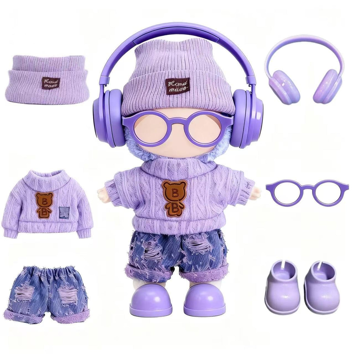 VVQUI 17cm Handcrafted Doll Clothes – 6-Piece Set (Hat, Sweaters, Skirt, Accessories)