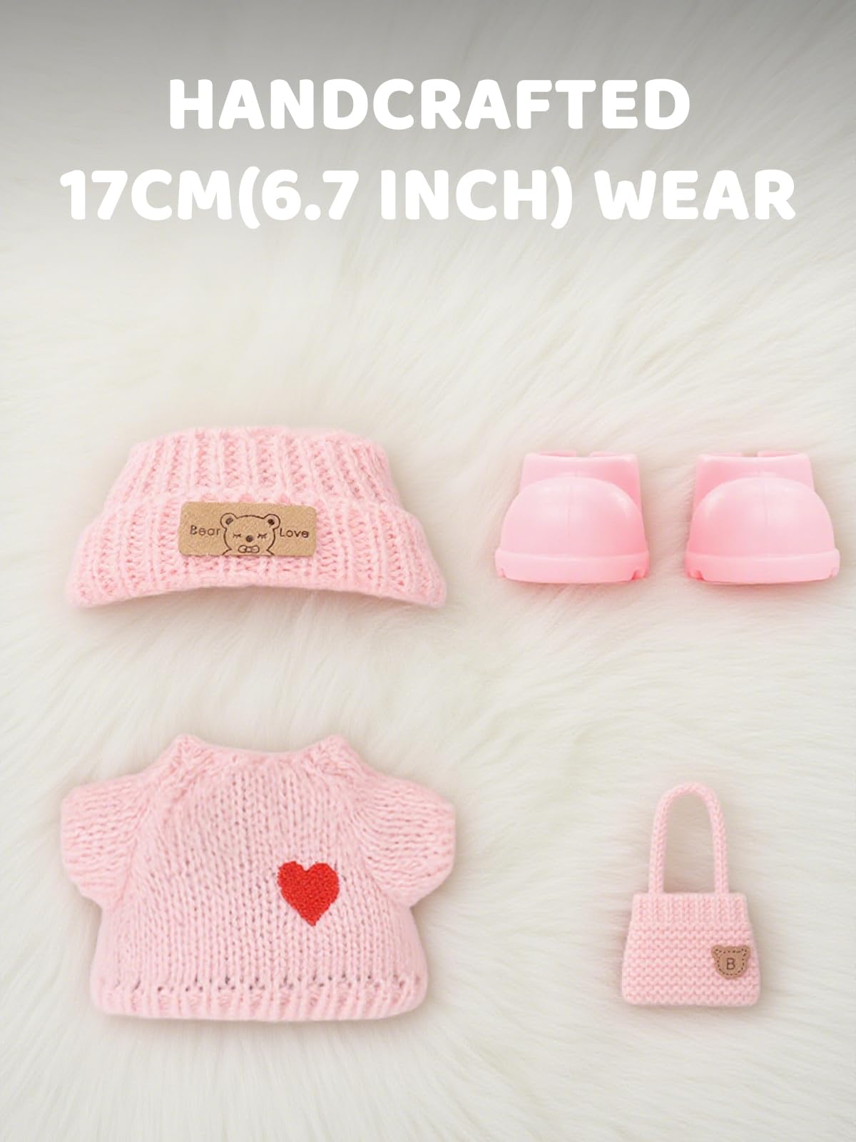 VVQUI 4-Piece Crochet Doll Clothes Set for 17cm Dolls – Hat, Dress, Backpack & Shoes