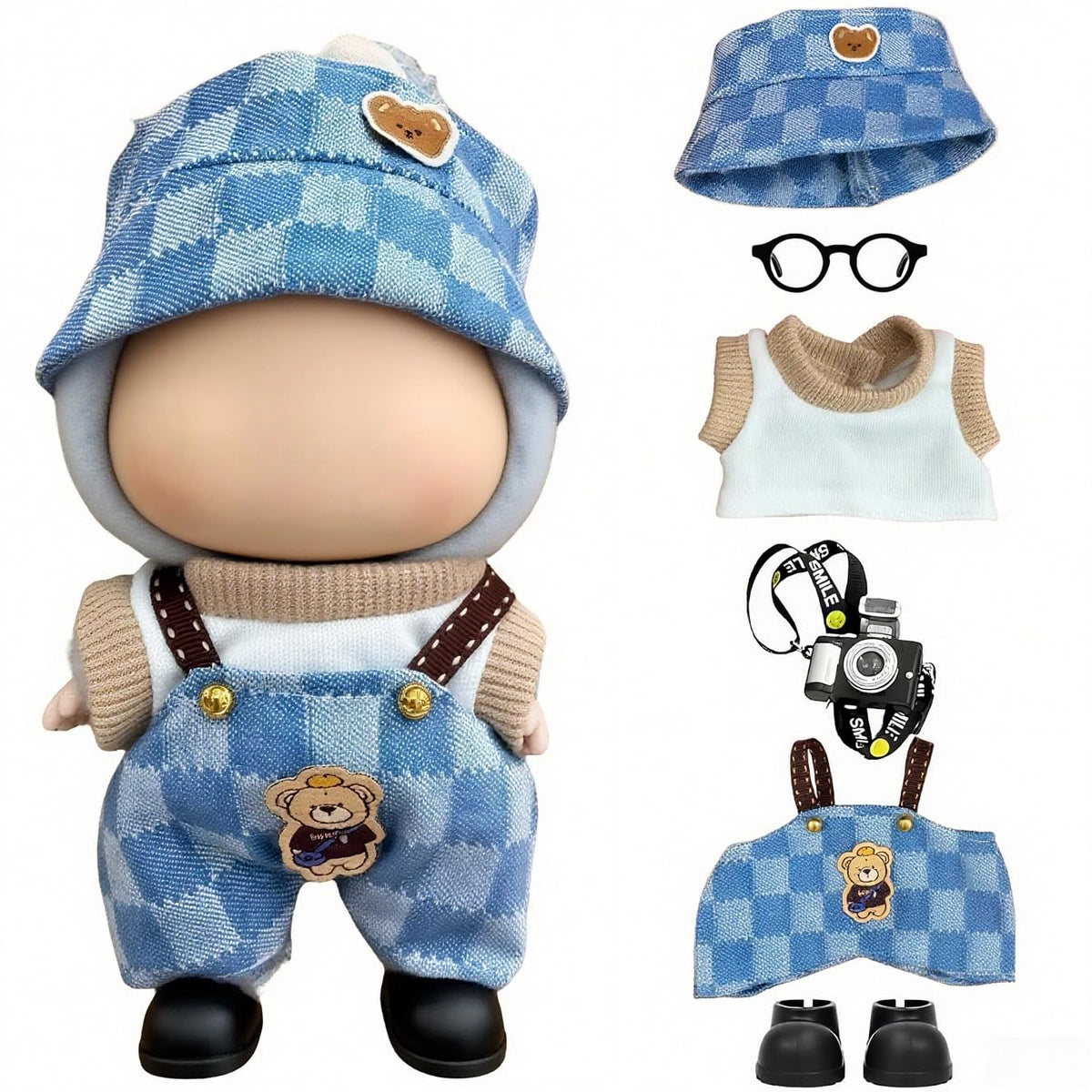 VVQUI 17cm Doll Clothes – 6-Piece Denim Blue Outfit Set (Hat, Overalls, Shirt, Shoes, Glasses, Camera)