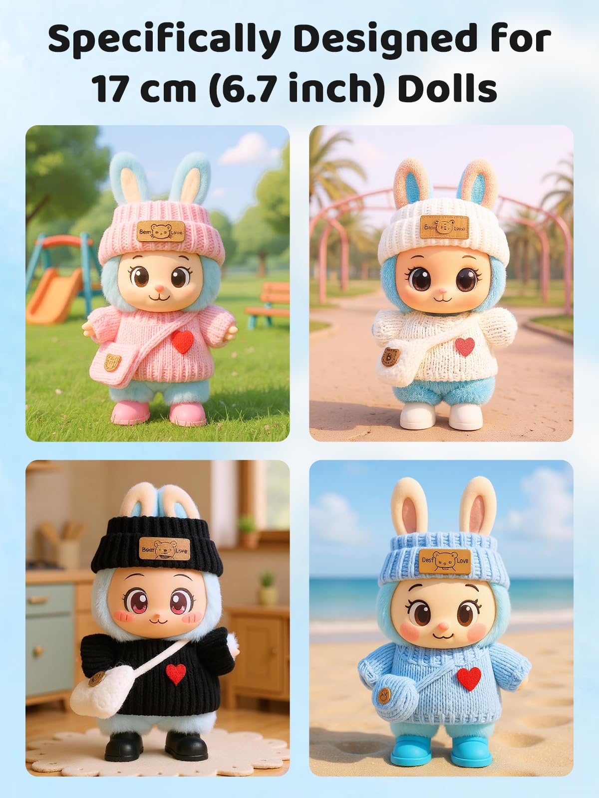 VVQUI 4-Piece Crochet Doll Clothes Set for 17cm Dolls – Hat, Dress, Backpack & Shoes