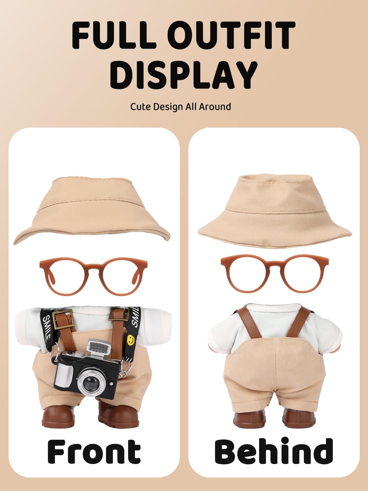VVQUI 17cm Doll Clothes Set with Hat, Overalls, Shirt, Shoes, Glasses & Camera – Dress-Up Kit