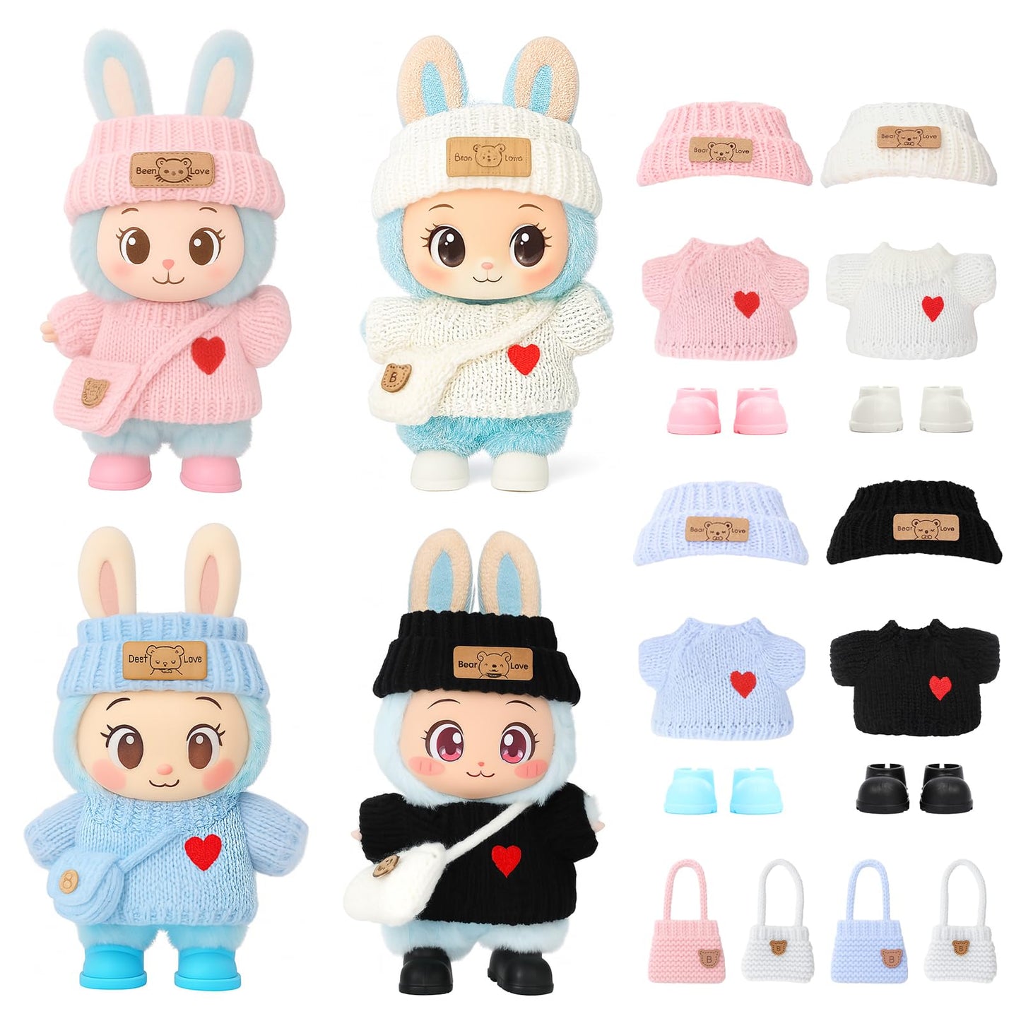 VVQUI 4-Piece Crochet Doll Clothes Set for 17cm Dolls – Hat, Dress, Backpack & Shoes