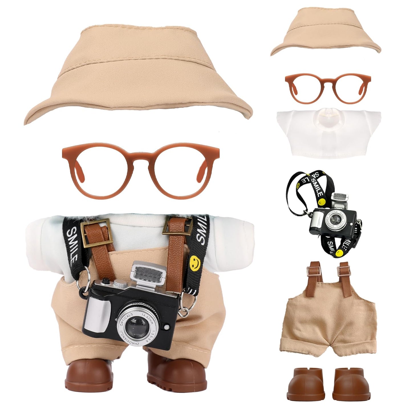 VVQUI 17cm Doll Clothes Set with Hat, Overalls, Shirt, Shoes, Glasses & Camera – Dress-Up Kit