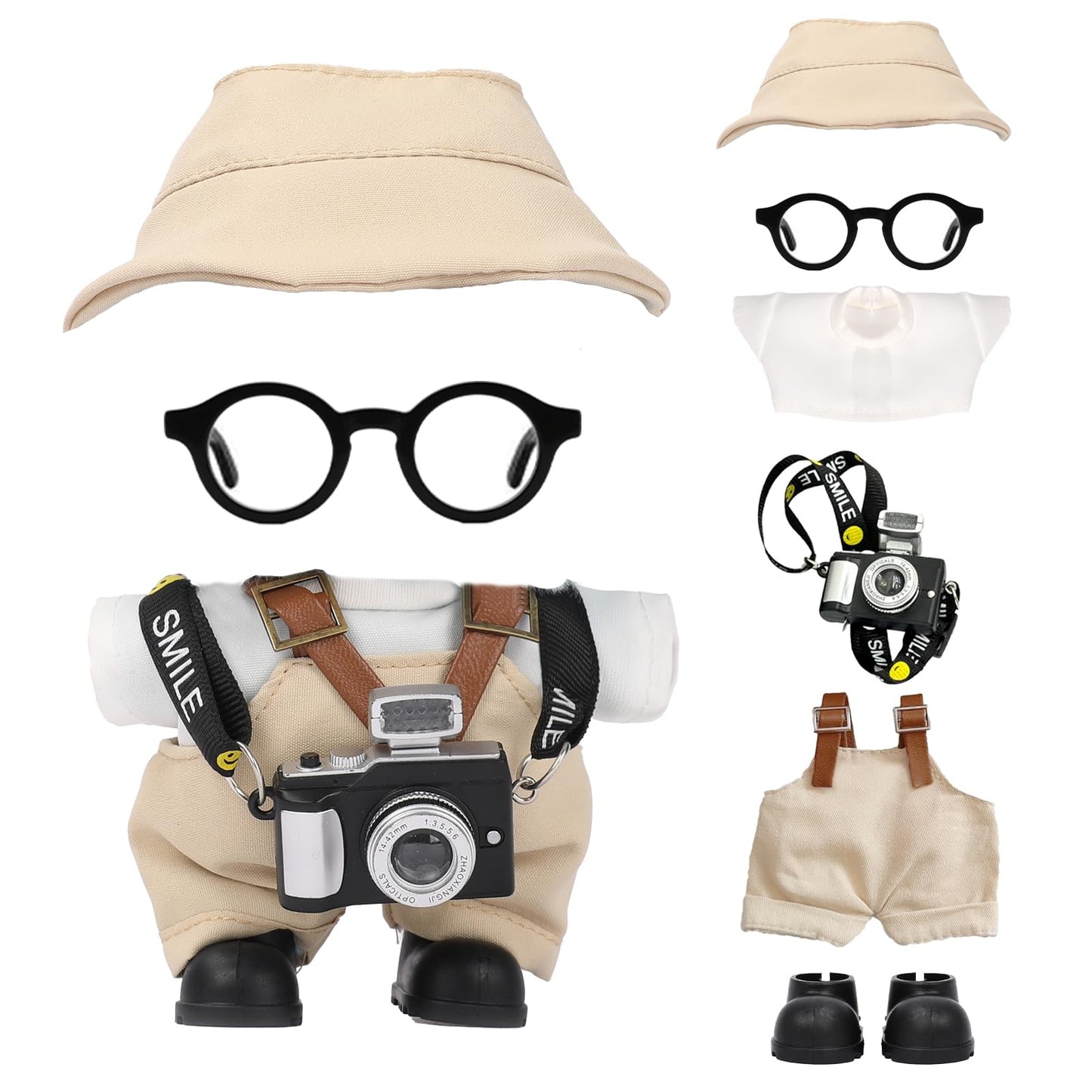 VVQUI 17cm Doll Clothes Set – Hat, Overalls, Shirt, Shoes, Glasses & Camera for 17cm Dolls