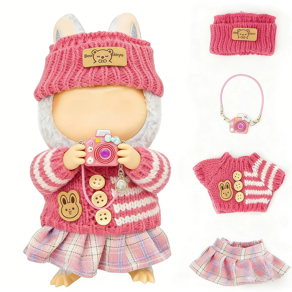 VVQUI 17cm Doll Clothes - 4-Piece Set (No Doll) | Hat, Sweater, Skirt & Mini Camera in Pink