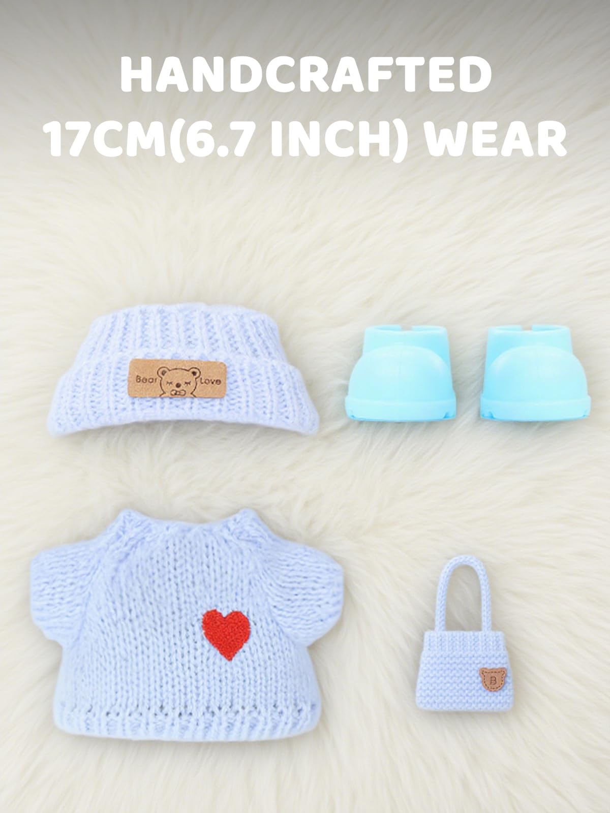 VVQUI 4-Piece Crochet Doll Clothes Set for 17cm Dolls – Hat, Dress, Backpack & Shoes