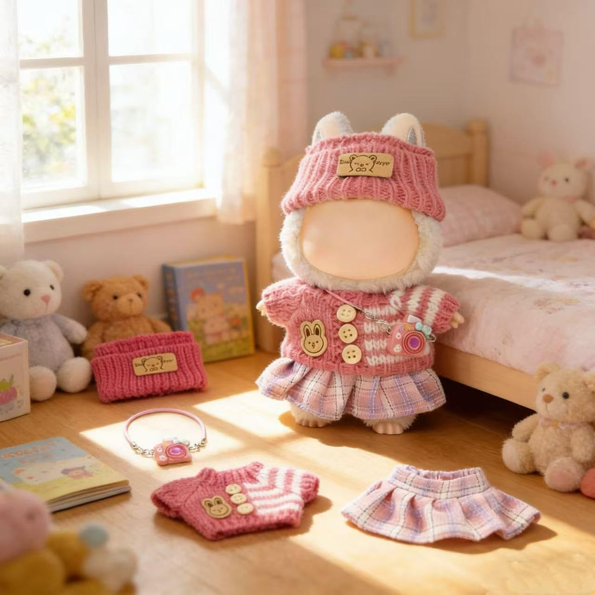 VVQUI 17cm Doll Clothes - 4-Piece Set (No Doll) | Hat, Sweater, Skirt & Mini Camera in Pink