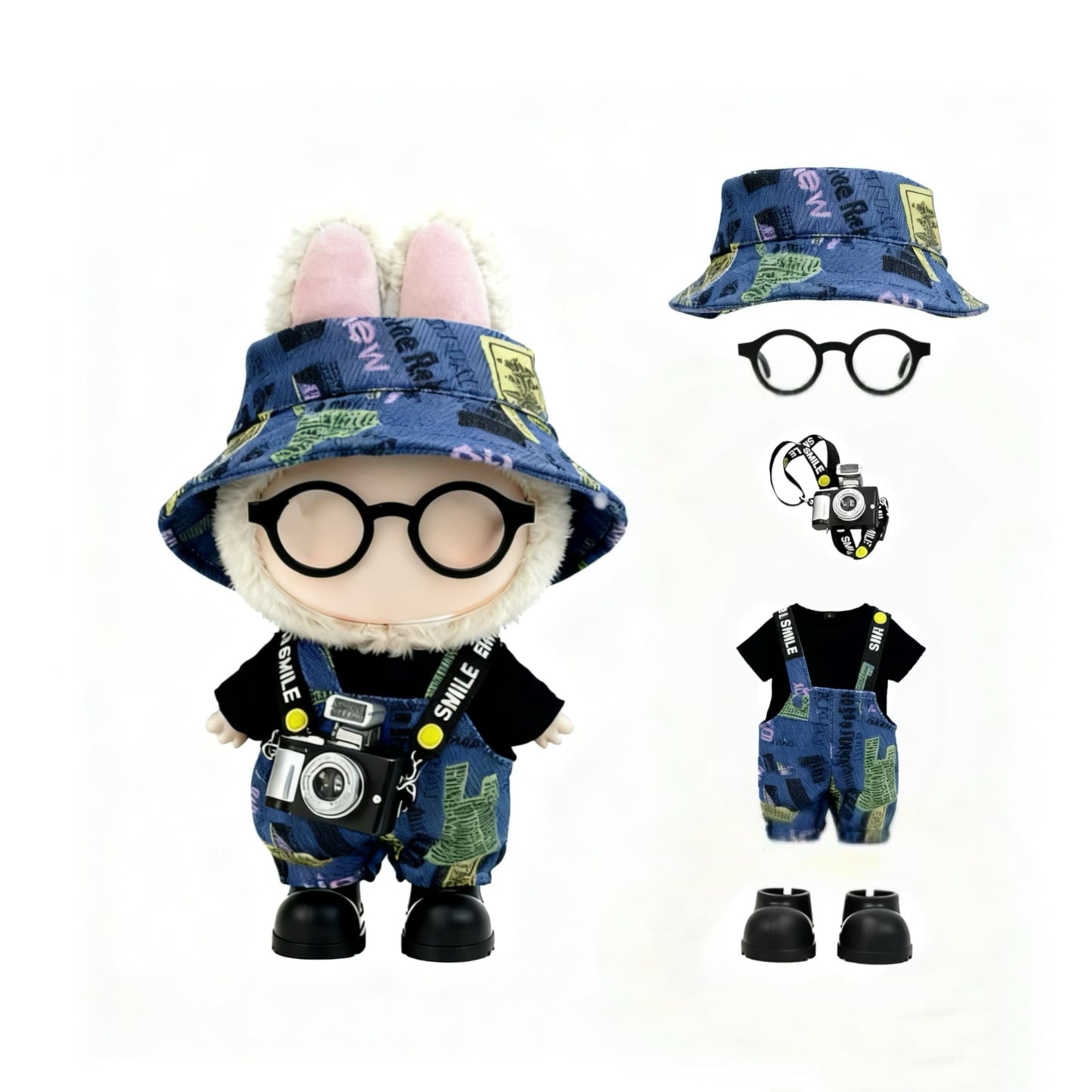 VVQUI 17cm Doll Clothes 6-Piece Set Graffiti Blue Hat Overalls Shirt Camera Glasses Shoes