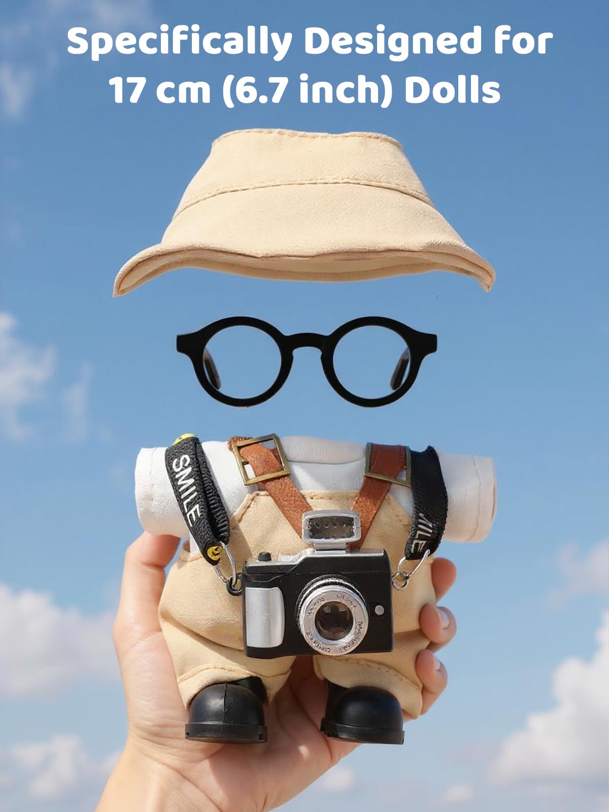 VVQUI 17cm Doll Clothes Set – Hat, Overalls, Shirt, Shoes, Glasses & Camera for 17cm Dolls