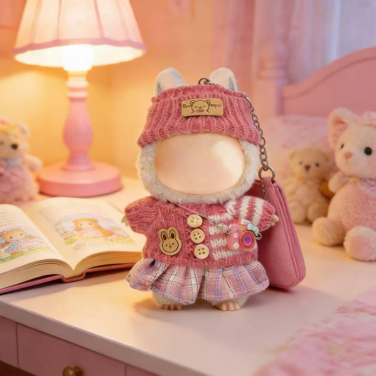 VVQUI 17cm Doll Clothes - 4-Piece Set (No Doll) | Hat, Sweater, Skirt & Mini Camera in Pink