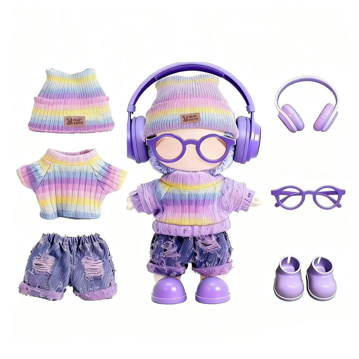 VVQUI 17cm Handcrafted Doll Clothes – 6-Piece Rainbow Outfit Set (Hat, Sweaters, Skirt, Headphones, Glasses, Shoes)