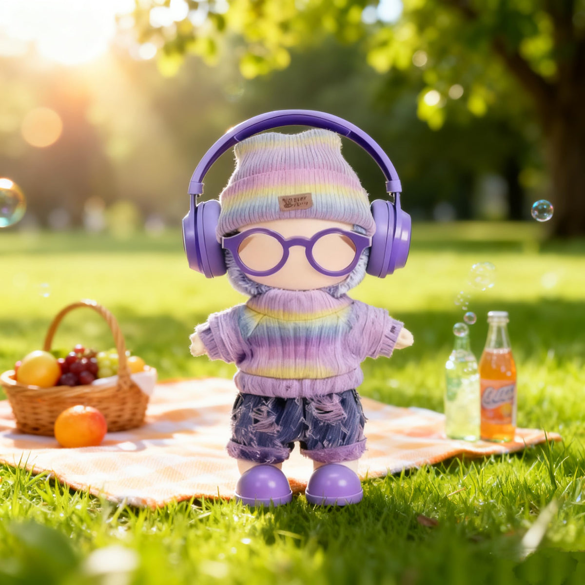 VVQUI 17cm Handcrafted Doll Clothes – 6-Piece Rainbow Outfit Set (Hat, Sweaters, Skirt, Headphones, Glasses, Shoes)
