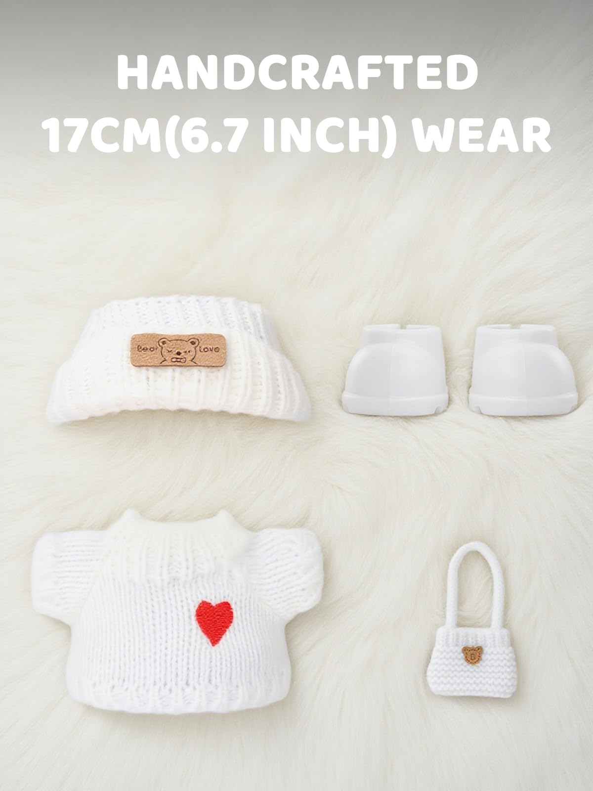 VVQUI 4-Piece Crochet Doll Clothes Set for 17cm Dolls – Hat, Dress, Backpack & Shoes
