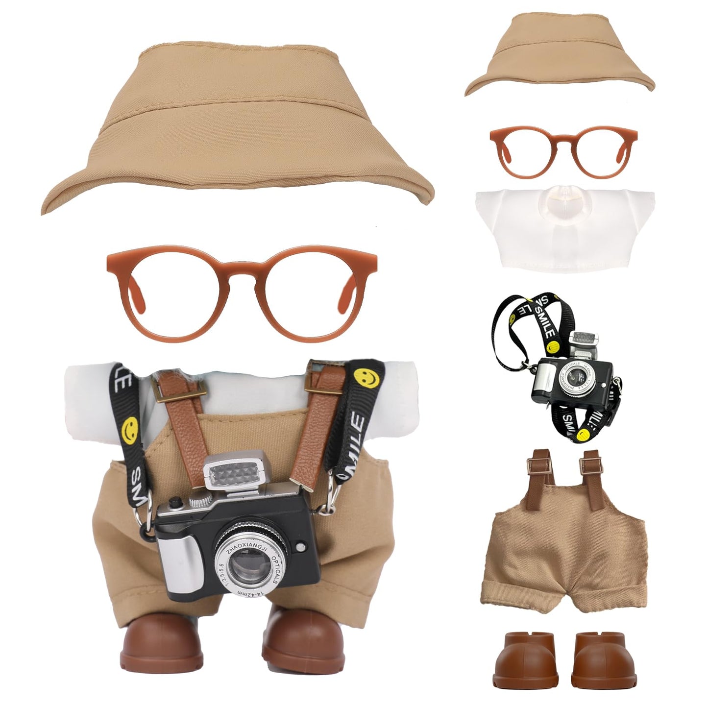 VVQUI 17cm Doll Clothes Set: Hat, Overalls, Shirt, Shoes, Glasses & Camera