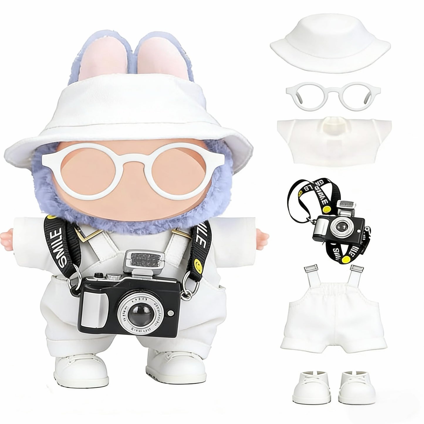 VVQUI 17cm Doll Clothes Set – Hat, Overalls, Shirt, Shoes, Glasses & Camera (White)