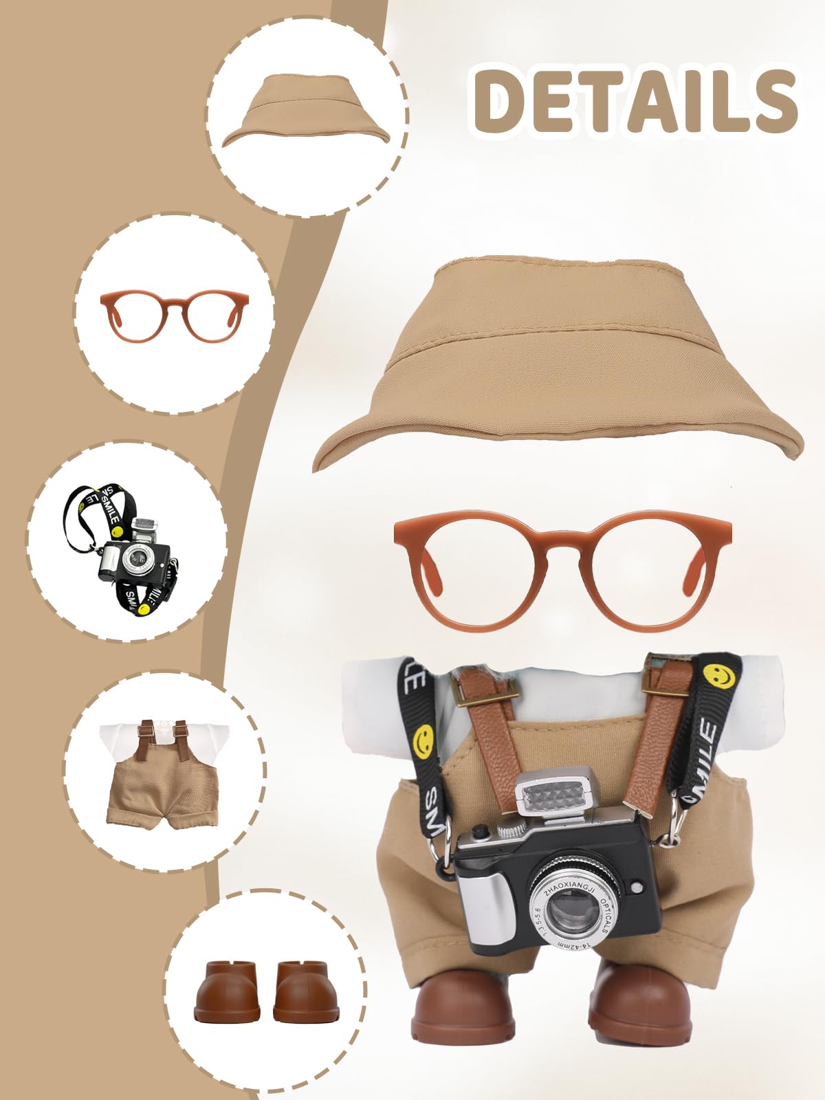 VVQUI 17cm Doll Clothes Set: Hat, Overalls, Shirt, Shoes, Glasses & Camera