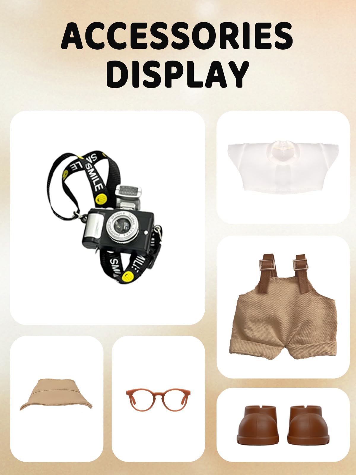 VVQUI 17cm Doll Clothes Set: Hat, Overalls, Shirt, Shoes, Glasses & Camera