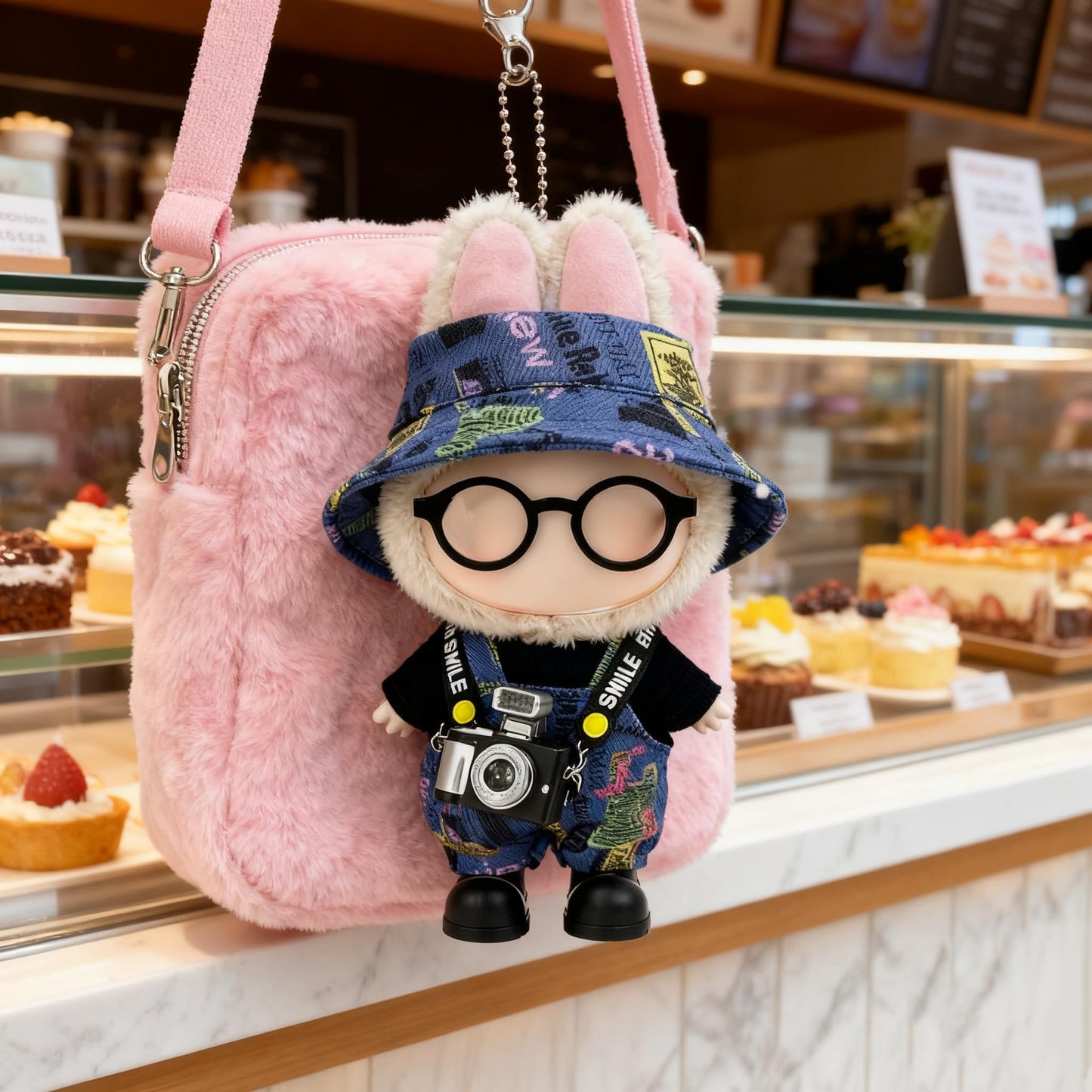 VVQUI 17cm Doll Clothes 6-Piece Set Graffiti Blue Hat Overalls Shirt Camera Glasses Shoes