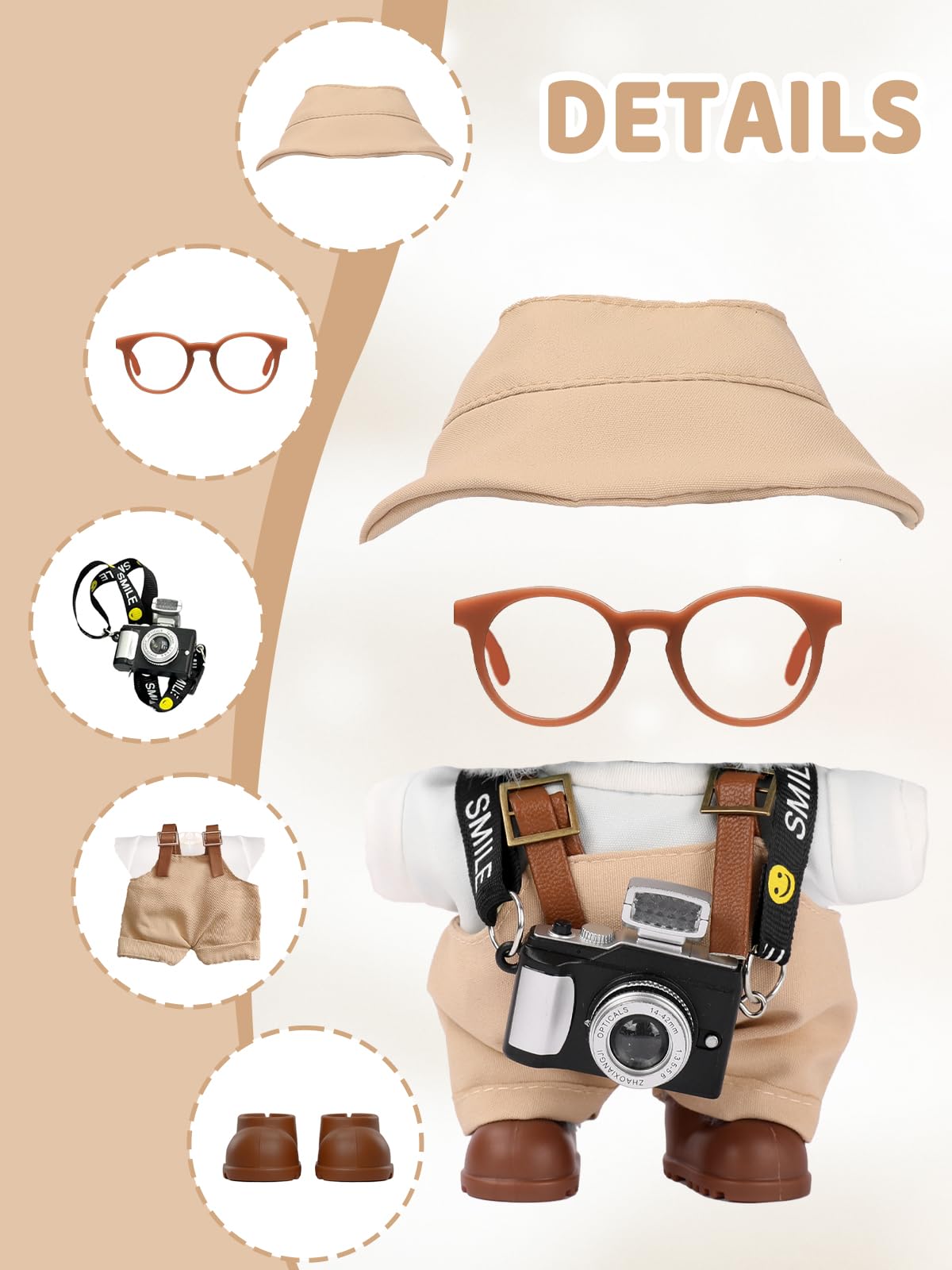 VVQUI 17cm Doll Clothes Set with Hat, Overalls, Shirt, Shoes, Glasses & Camera – Dress-Up Kit