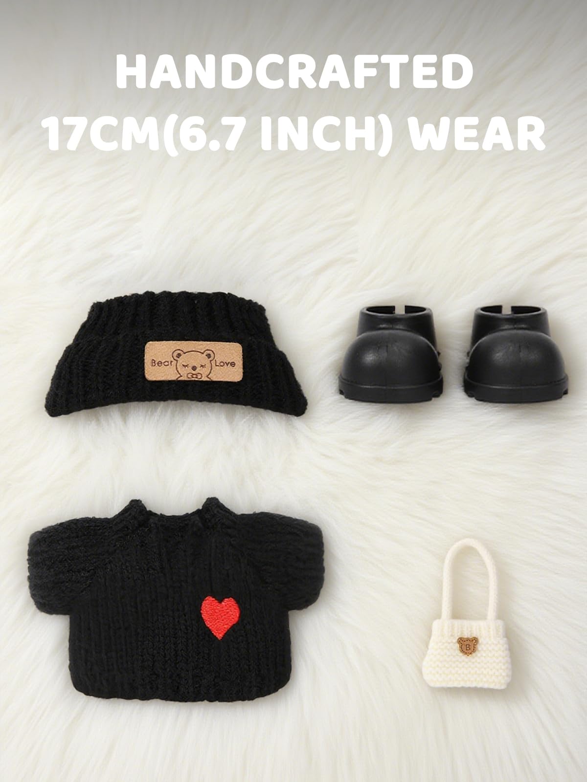 VVQUI 4-Piece Crochet Doll Clothes Set for 17cm Dolls – Hat, Dress, Backpack & Shoes