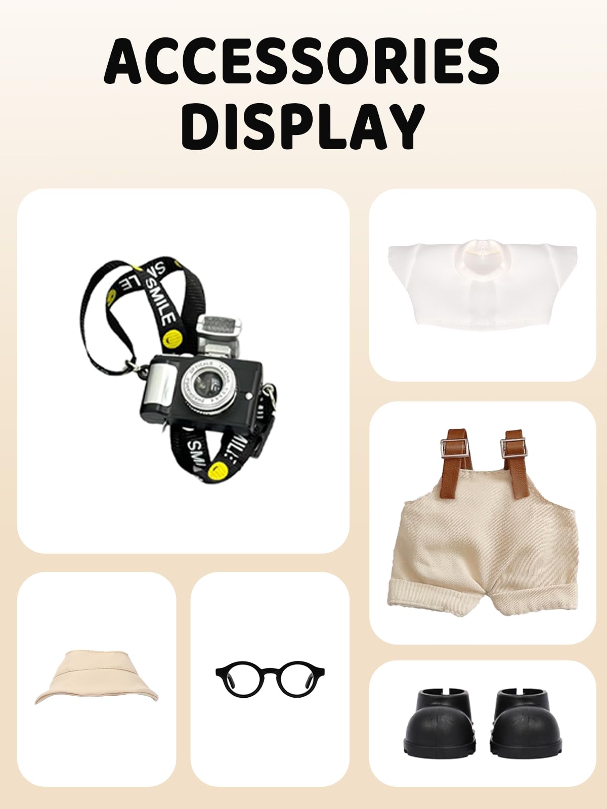 VVQUI 17cm Doll Clothes Set – Hat, Overalls, Shirt, Shoes, Glasses & Camera for 17cm Dolls