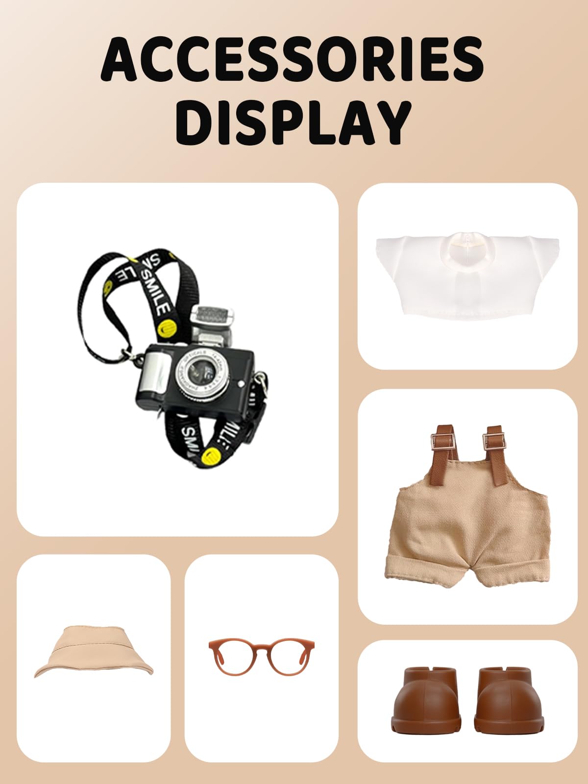 VVQUI 17cm Doll Clothes Set with Hat, Overalls, Shirt, Shoes, Glasses & Camera – Dress-Up Kit