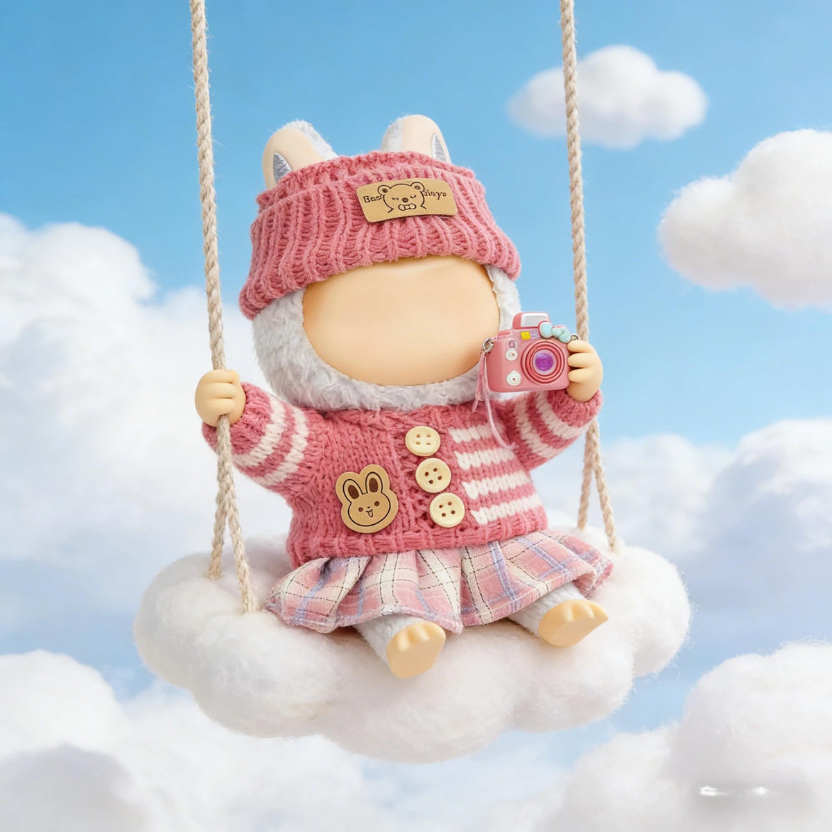 VVQUI 17cm Doll Clothes - 4-Piece Set (No Doll) | Hat, Sweater, Skirt & Mini Camera in Pink