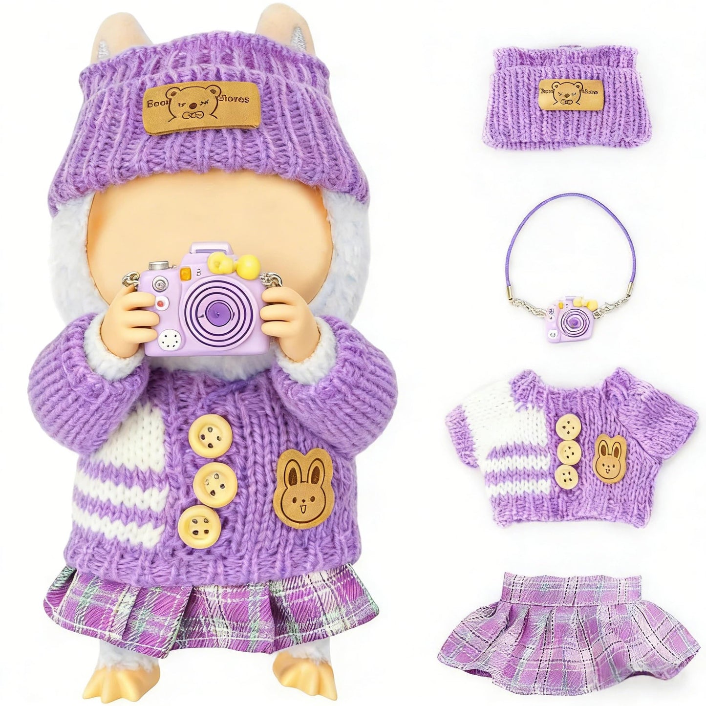 VVQUI 17cm Doll Clothes - 4-Piece Set (No Doll) - Hat, Sweater, Skirt & Mini Camera (Purple)