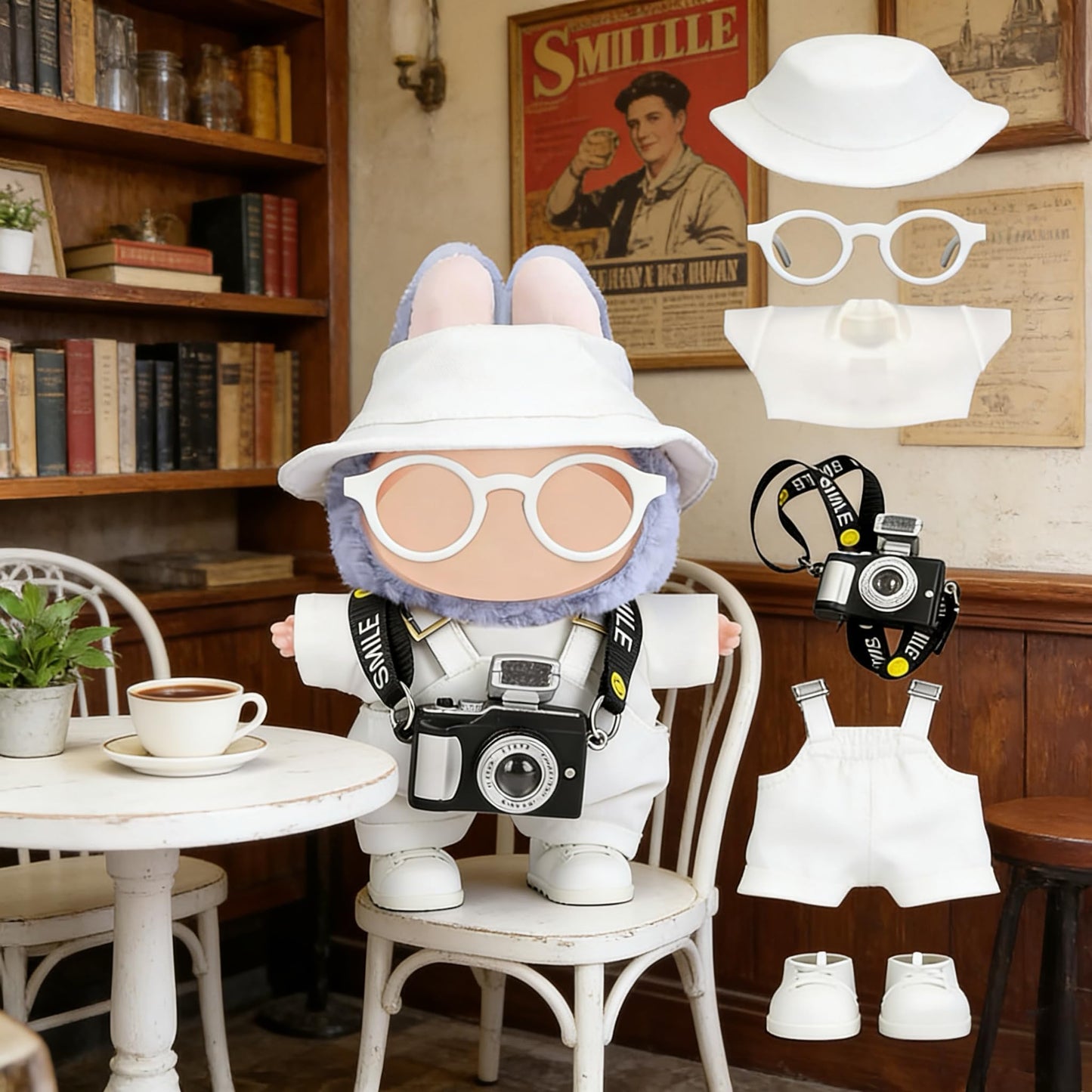 VVQUI 17cm Doll Clothes Set – Hat, Overalls, Shirt, Shoes, Glasses & Camera (White)