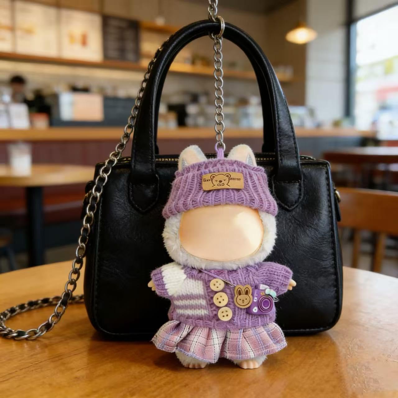 VVQUI 17cm Doll Clothes - 4-Piece Set (No Doll) - Hat, Sweater, Skirt & Mini Camera (Purple)