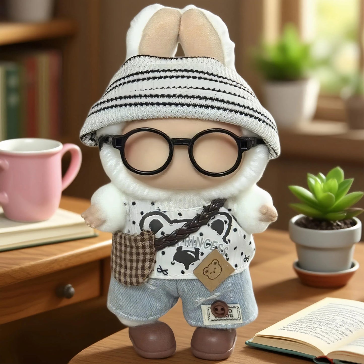 VVQUI 17cm Doll Clothes – 6-Piece Set for 17cm Dolls (Hat, Overalls, Shirt, Backpack, Glasses, Shoes) – White Bear