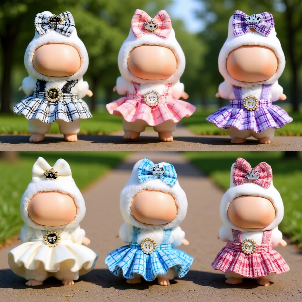 VVQUI 6-Pack 17cm Doll Clothes Set – Plaid Dresses & Hairpins for 17cm Dolls