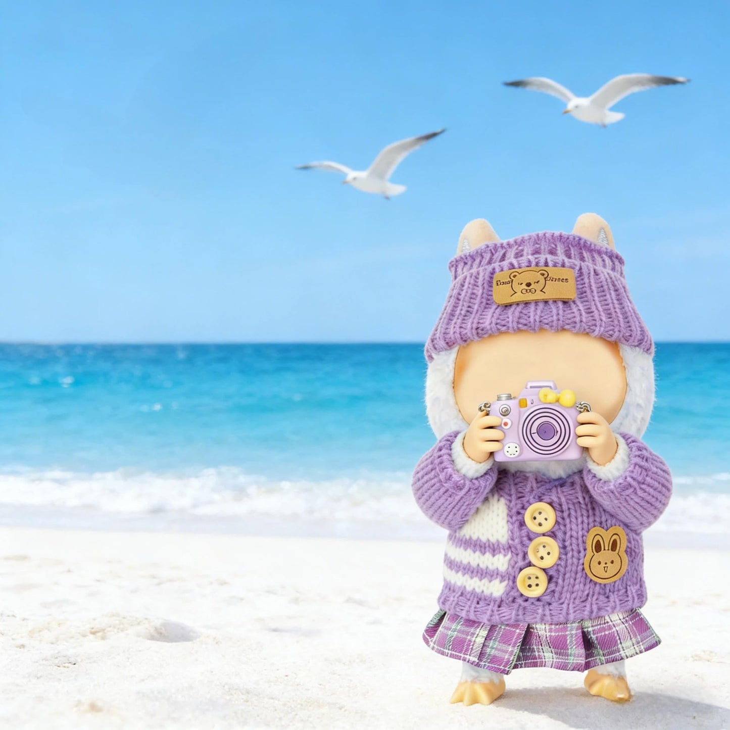 VVQUI 17cm Doll Clothes - 4-Piece Set (No Doll) - Hat, Sweater, Skirt & Mini Camera (Purple)