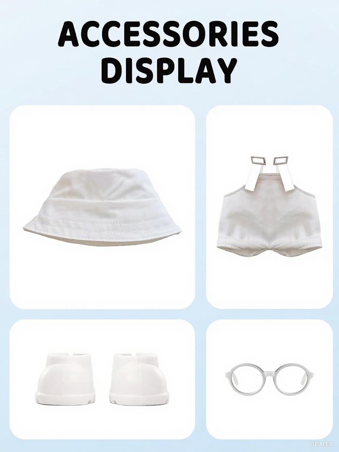 VVQUI 2-Piece Doll Clothes Set for 17cm Dolls – 2 Hats, 2 Overalls, 2 Shoes & 2 Glasses (Black & White) (Doll Not Included)