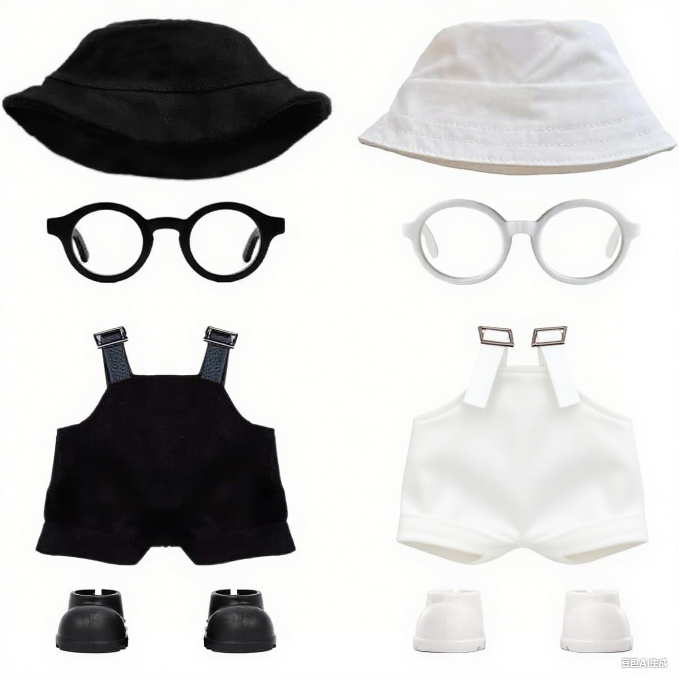 VVQUI 2-Piece Doll Clothes Set for 17cm Dolls – 2 Hats, 2 Overalls, 2 Shoes & 2 Glasses (Black & White) (Doll Not Included)