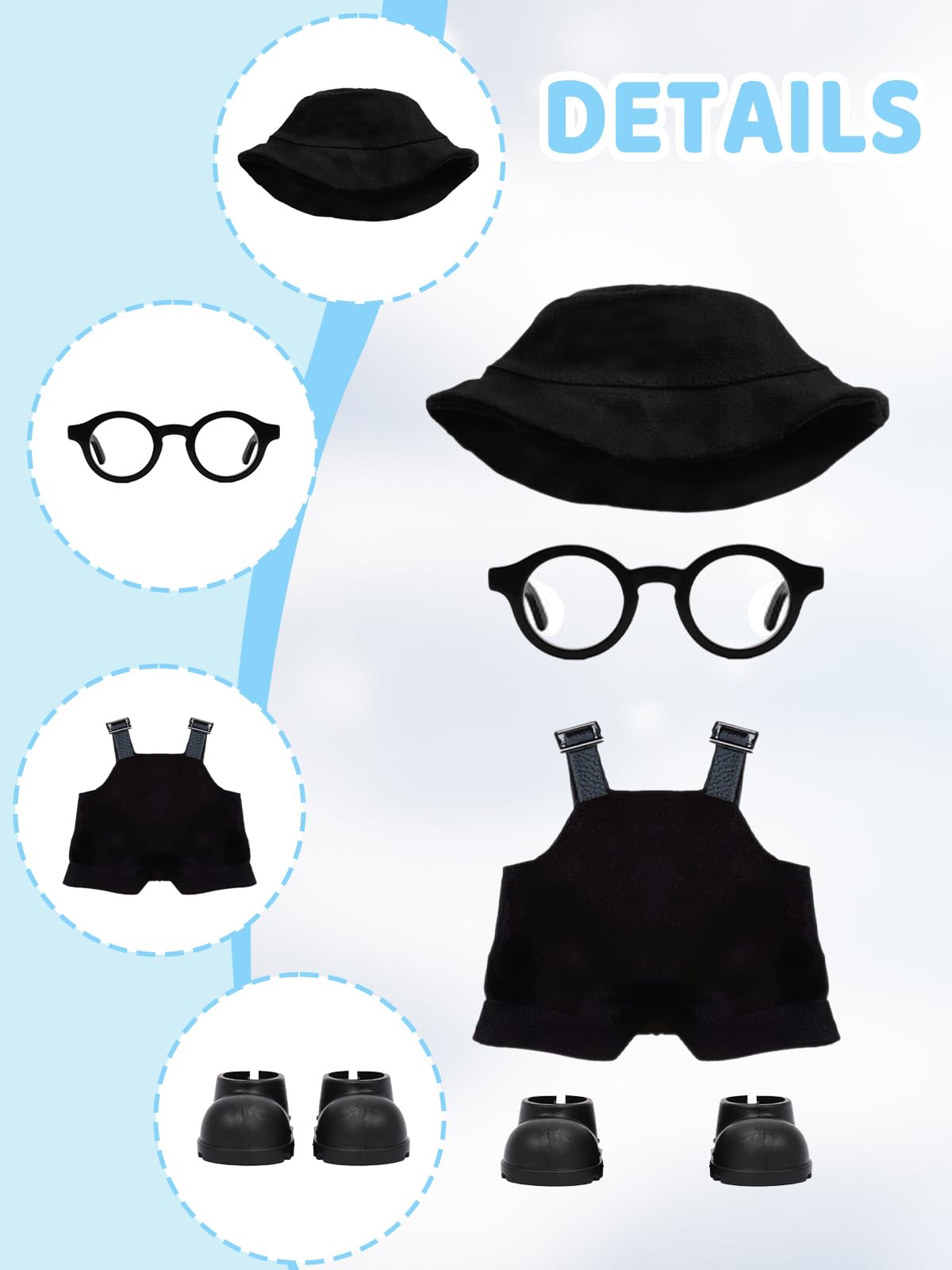VVQUI 2-Piece Doll Clothes Set for 17cm Dolls – 2 Hats, 2 Overalls, 2 Shoes & 2 Glasses (Black & White) (Doll Not Included)