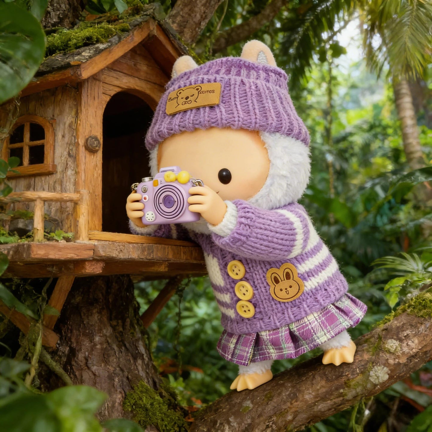 VVQUI 17cm Doll Clothes - 4-Piece Set (No Doll) - Hat, Sweater, Skirt & Mini Camera (Purple)