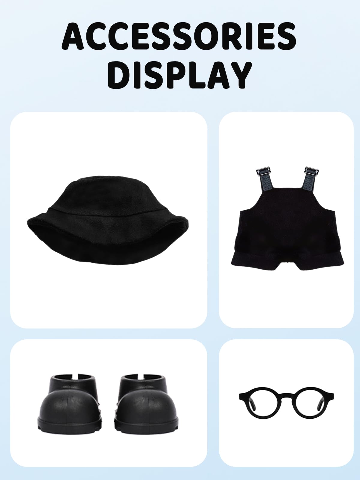 VVQUI 2-Piece Doll Clothes Set for 17cm Dolls – 2 Hats, 2 Overalls, 2 Shoes & 2 Glasses (Black & White) (Doll Not Included)