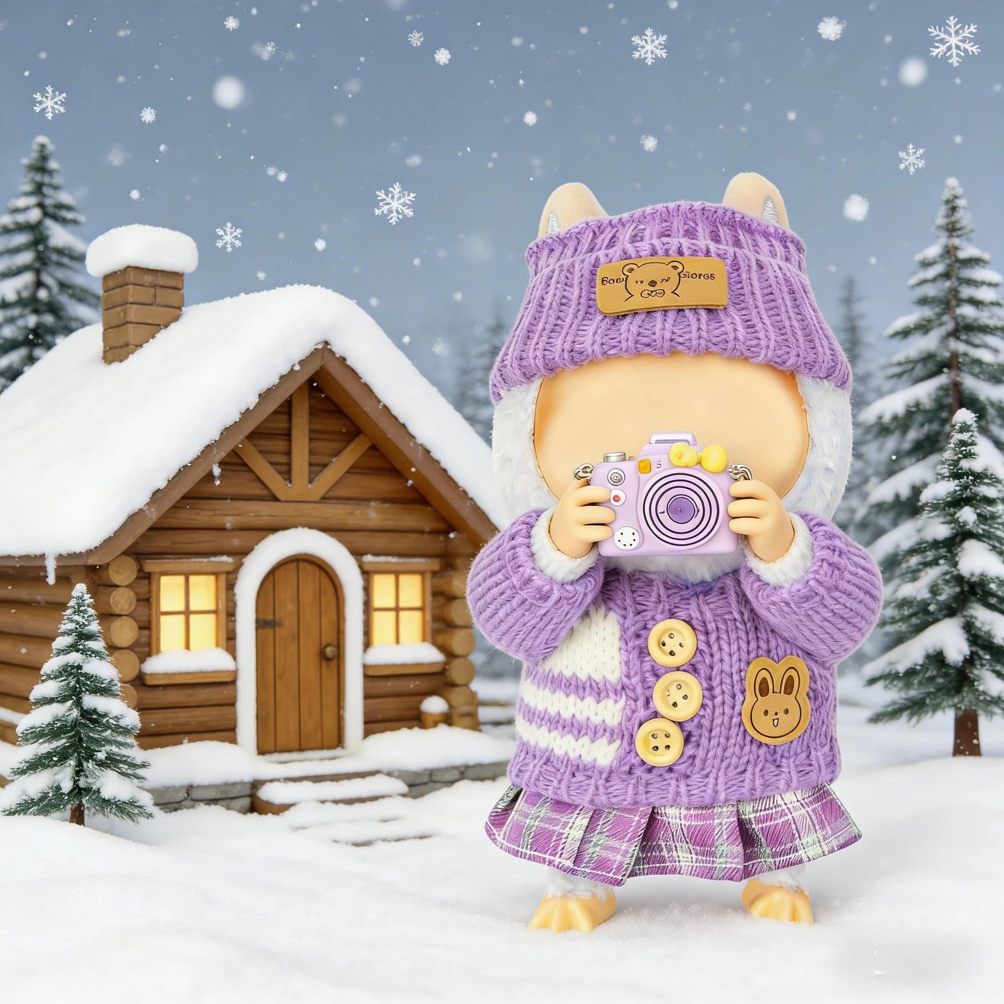 VVQUI 17cm Doll Clothes - 4-Piece Set (No Doll) - Hat, Sweater, Skirt & Mini Camera (Purple)
