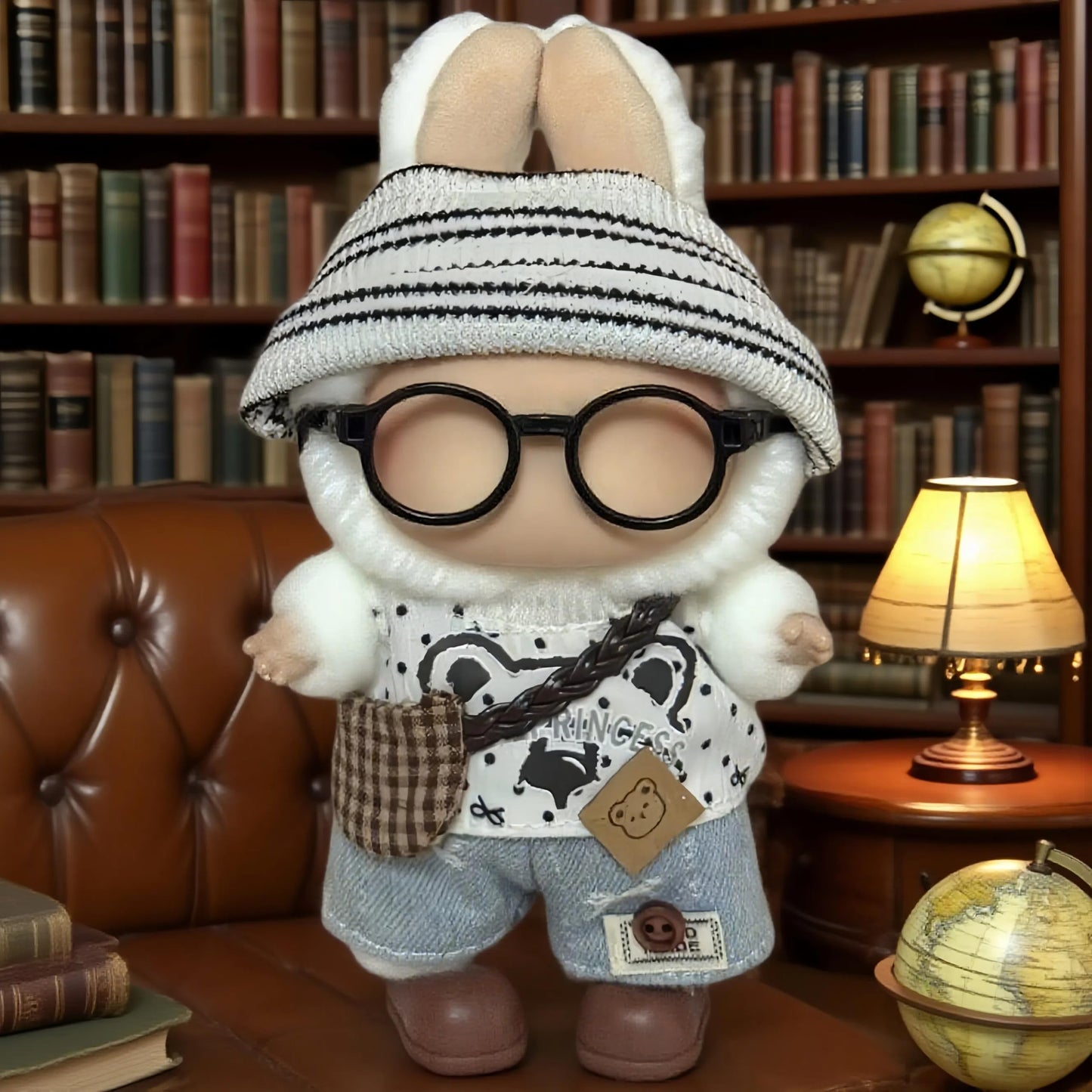 VVQUI 17cm Doll Clothes – 6-Piece Set for 17cm Dolls (Hat, Overalls, Shirt, Backpack, Glasses, Shoes) – White Bear