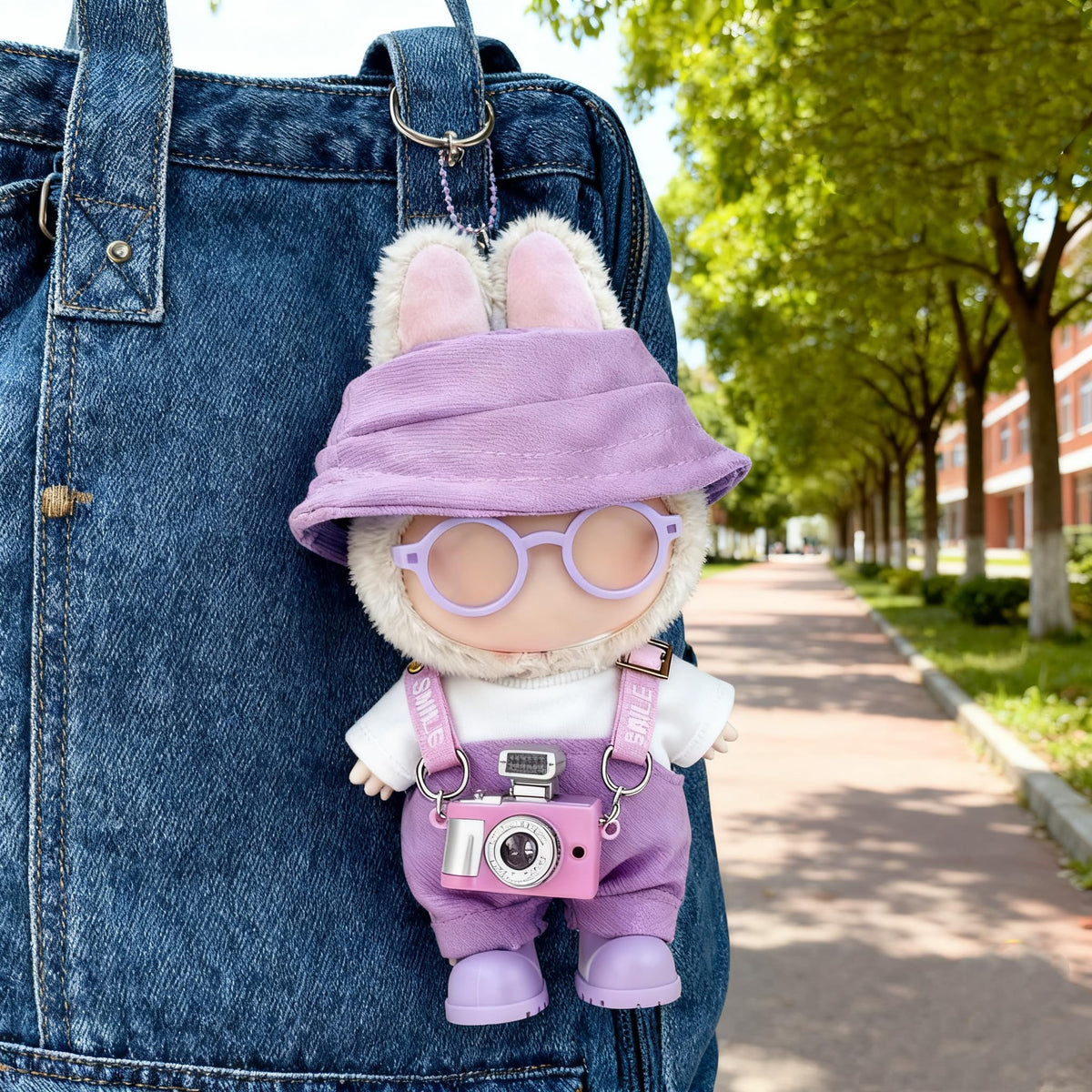 VVQUI Labubu 17cm Doll Clothes Set – 6-Piece Purple Outfit with Hat, Overalls, Shirt, Camera, Glasses, Shoes
