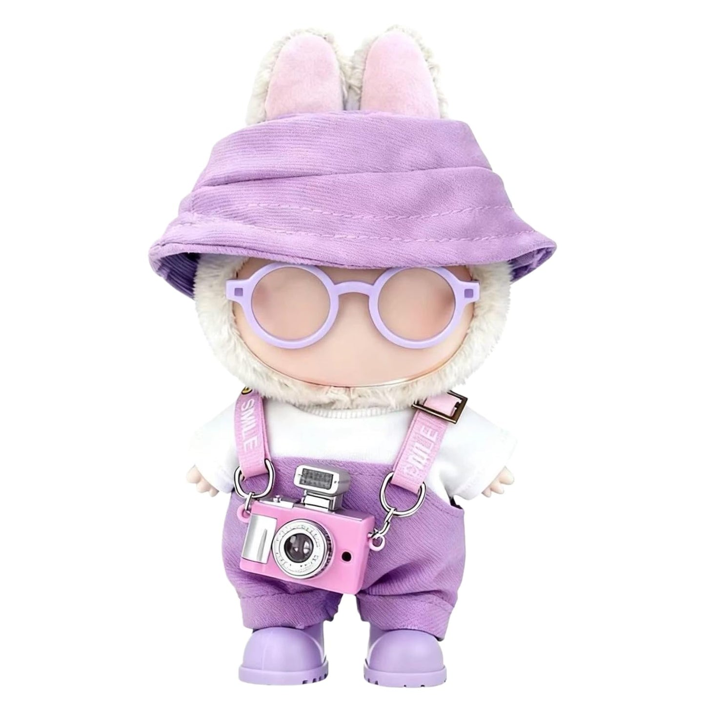 VVQUI Labubu 17cm Doll Clothes Set – 6-Piece Purple Outfit with Hat, Overalls, Shirt, Camera, Glasses, Shoes