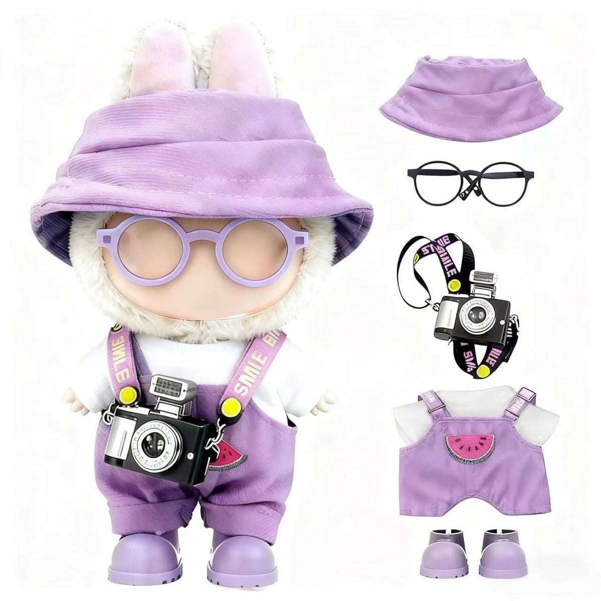VVQUI Labubu 17cm Doll Clothes Set – 6-Piece Purple Outfit with Hat, Overalls, Shirt, Camera, Glasses, Shoes