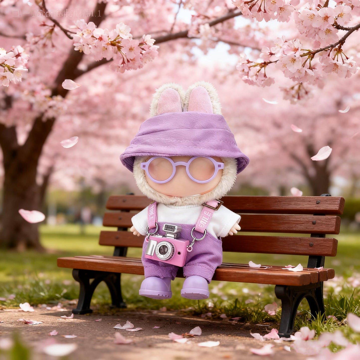 VVQUI Labubu 17cm Doll Clothes Set – 6-Piece Purple Outfit with Hat, Overalls, Shirt, Camera, Glasses, Shoes