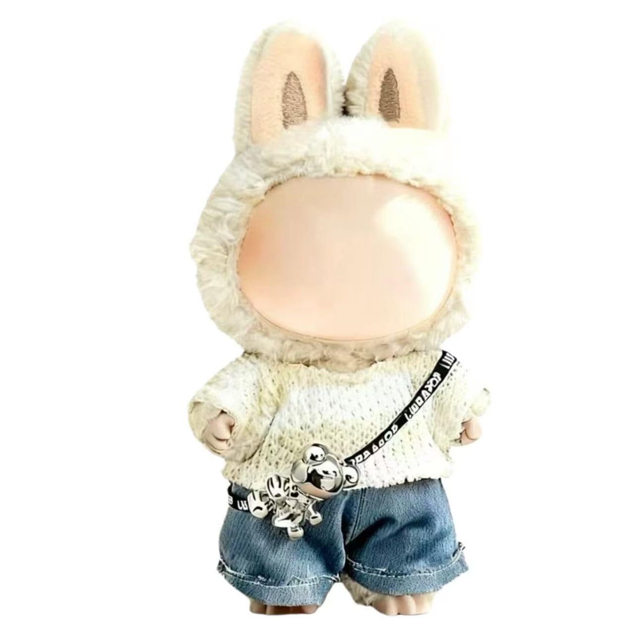 VVQUI Labubu 17cm Doll Clothes – Premium White Kawaii Sweater & Denim Jeans Set