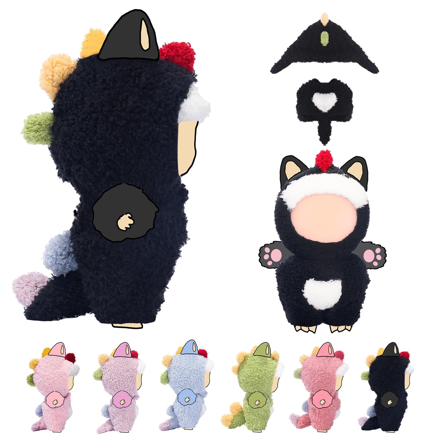 VVQUI Dino Doll Outfit for LABUBU 17cm Doll | Black Dinosaur Jumpsuit & Keychain