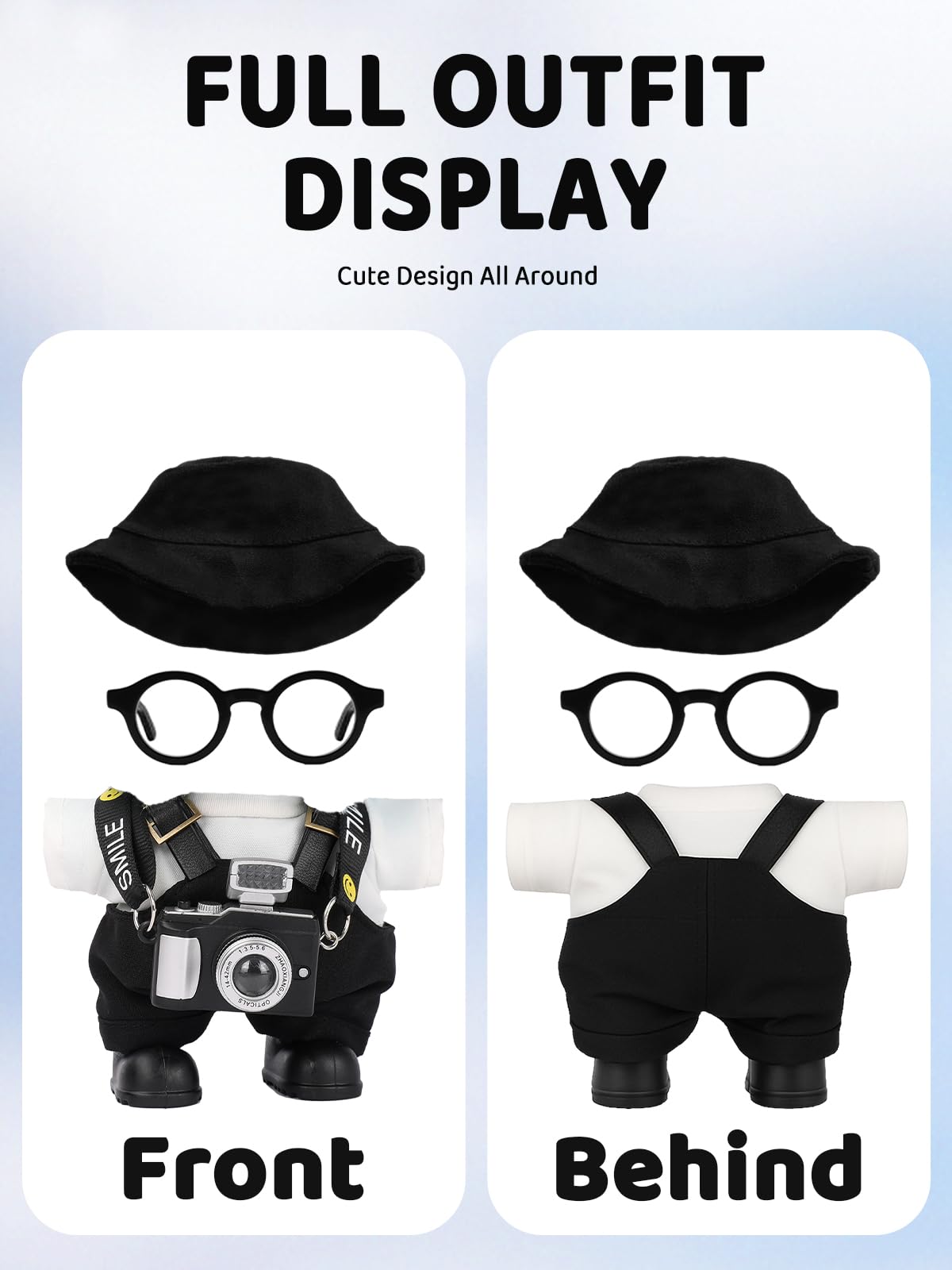 VVQUI 6-Piece LABUBU 17cm Doll Clothes Set – Hat, Overalls, Shirt, Camera, Glasses & Shoes (Black) – No Doll Included